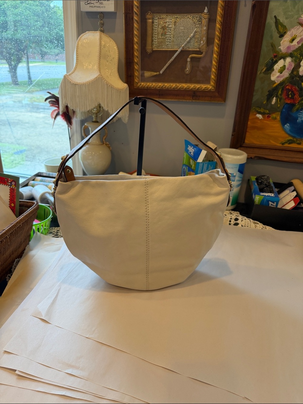 Michael Kors Cream Leather Hobo Bag with Brown Strap Vintage Gold hardware